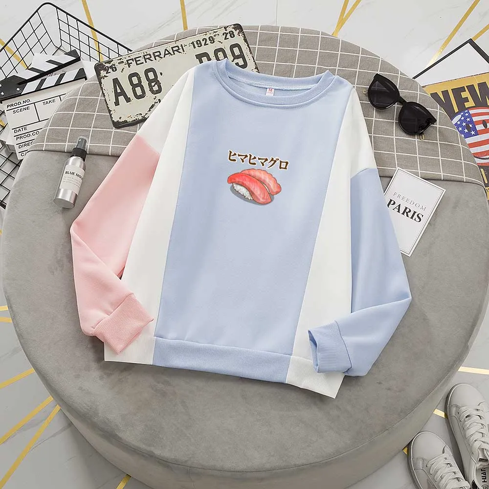

Crewneck Sweatshirt Vintage Aesthetic Color Block Hoodie Women Japanese Style Sushi Womens Long Sleeve Fall Tops Fashion Tops
