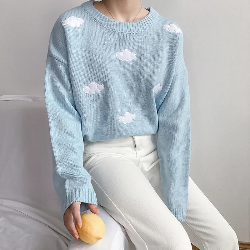 

Cute Clouds Korean Style 2021 Women Sweater Kawaii Loose Thick Harajuku Clothing for Women Long Sleeve Vintage Knitted Sweater
