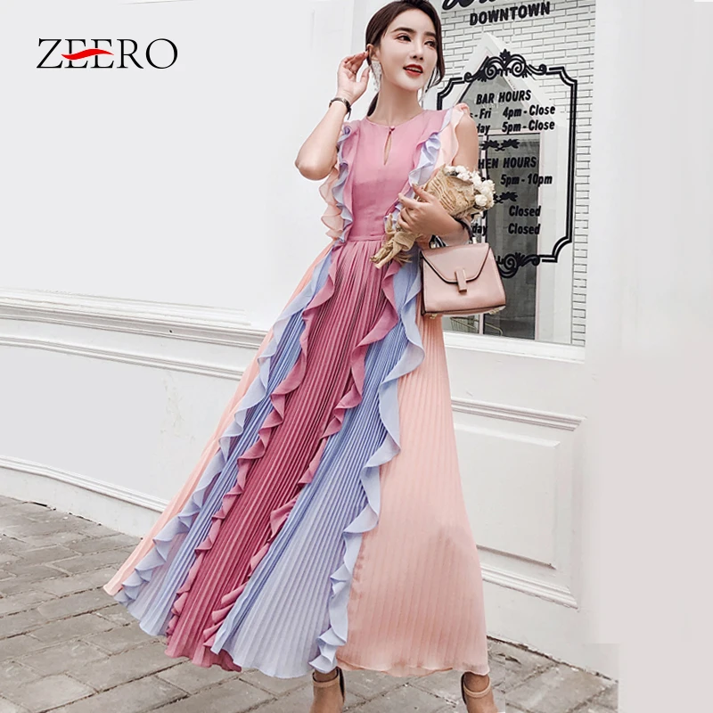 Runway Women Long Ruffles Party Dresses Elegant Hit Color Patchwork Pleated Summer Dress Sleeveless Maxi Vestidos | Женская одежда