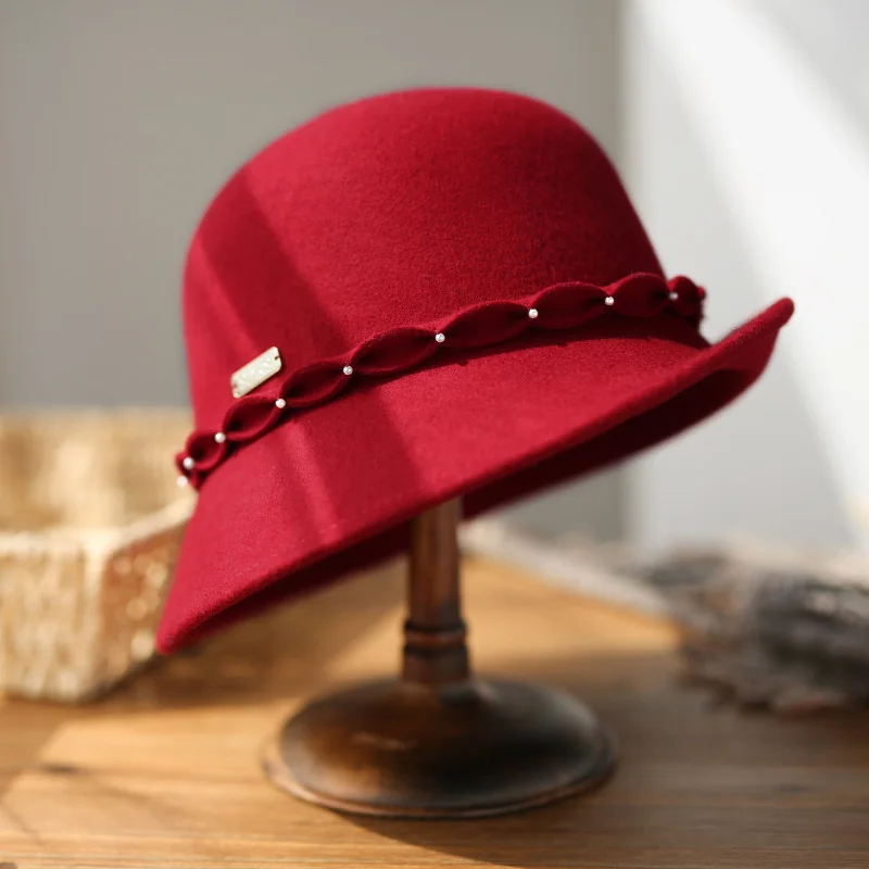 

Vintage Elegant Women Hat Pearl Ribbon Solid Color Wool Felt Fedoras With Brim For Ladies Autumn Winter Female Cap