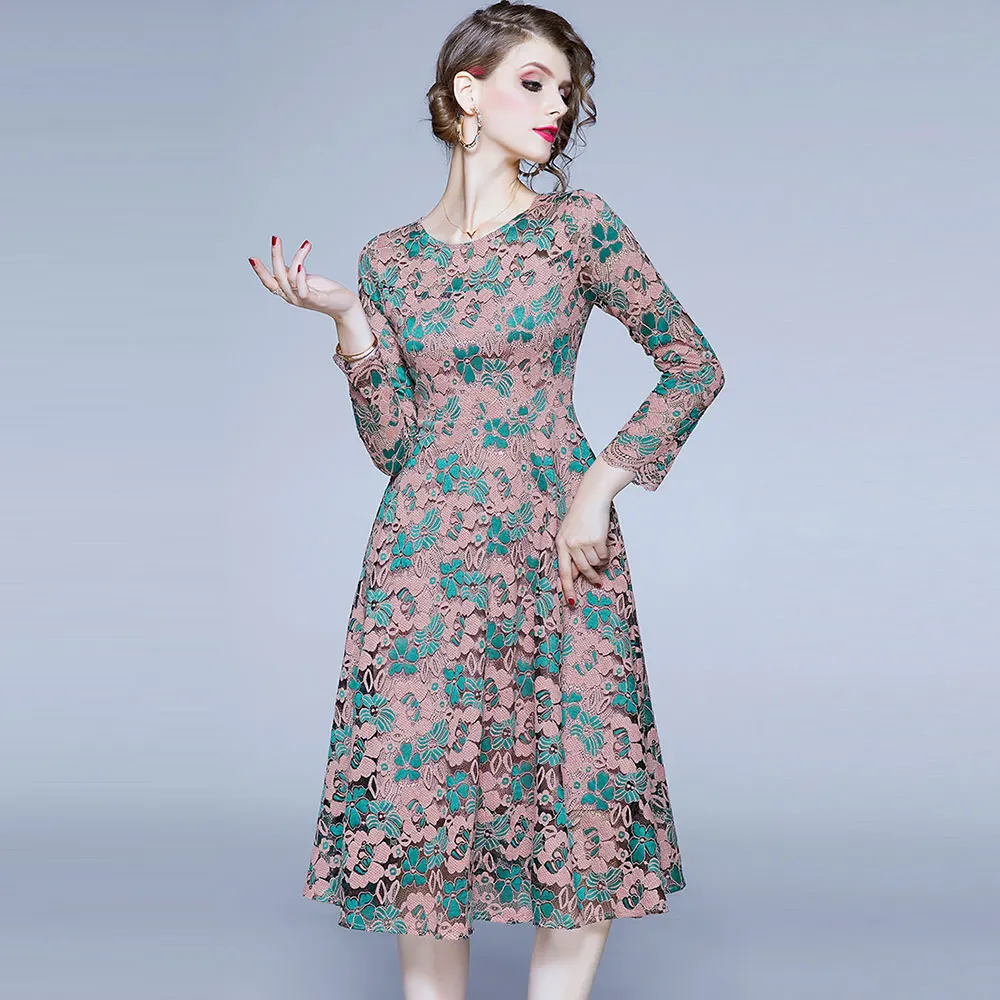

High Quality Winter Autumn Lace Midi Dress Runway Elegant Office Ladies O Neck Long Sleeve A Line Party Dress Vestidos S66685