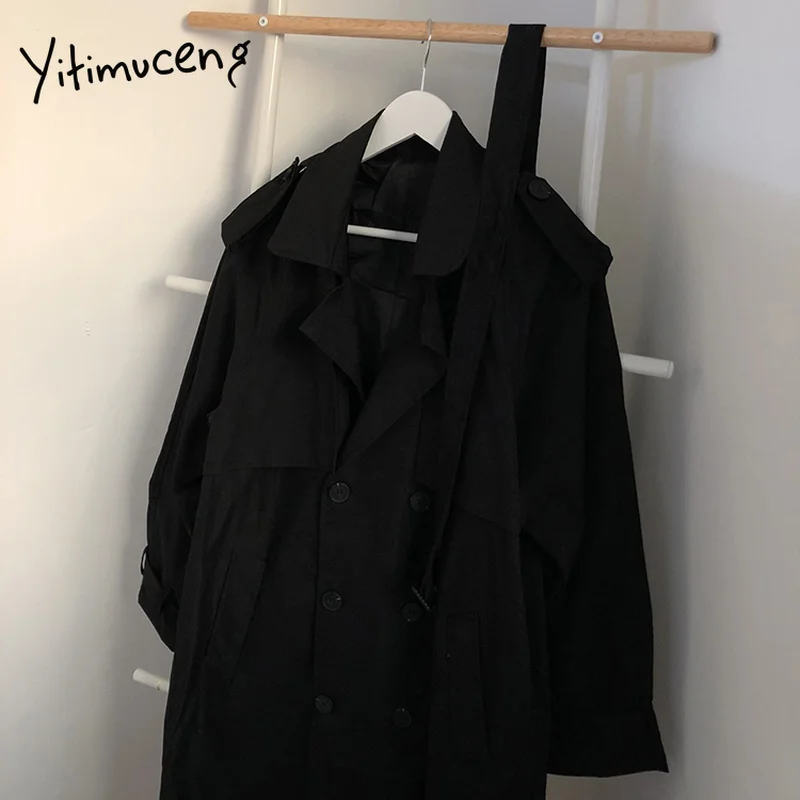 

Yitimuceng Black Trench Coat with Belt Korean Fashion Windbreaker Oversized Loose Long Jacket for Women 2021 Spring Autumn Coats