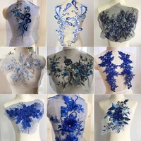 blue flower leaf embroidered lace trim ribbon fabric handmade sewing craft for costume wedding dress hat decoration patch