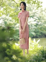pink plaid cheongsam new style long retro and hipster style young girls casual wearable 2021new summer dress women