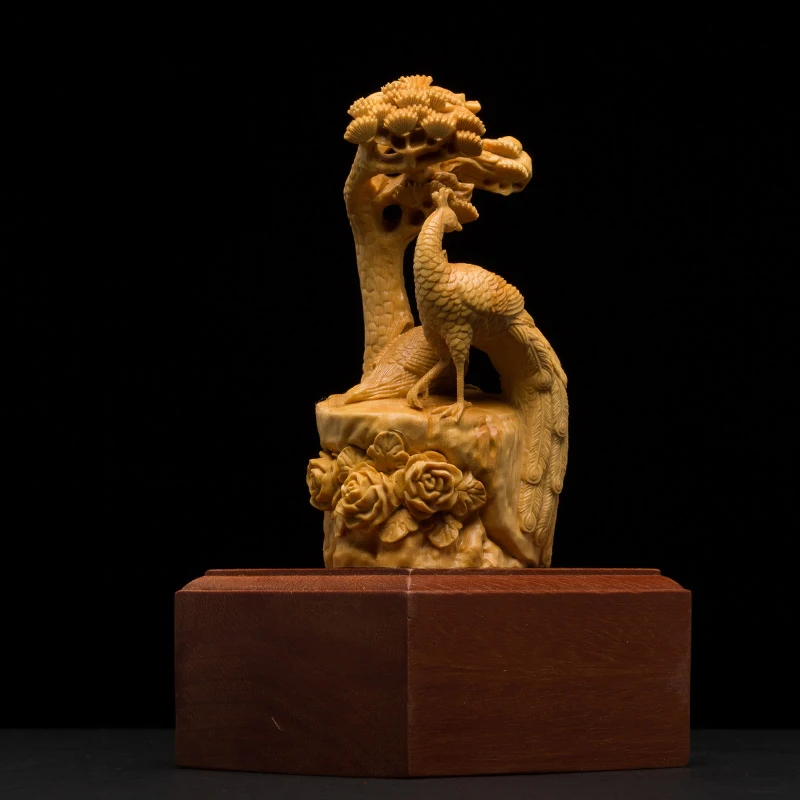 

Wooden Peacock Animal Sculpture Boxwood Home Feng Shui Decorative Carving Craft Peacock Open Animal Wood Carving Decoration