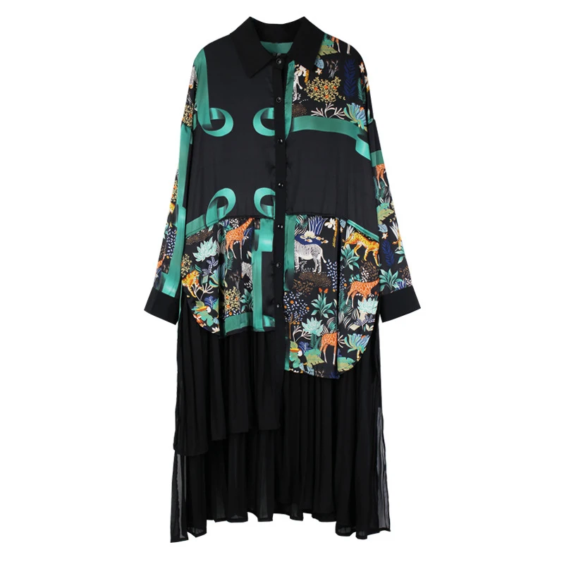 

LANMREM Women Printed Big Size Midi Long Dress New Turn-down Collar Long Sleeve Loose Fashion Tide Spring Autumn 2021 2E1062