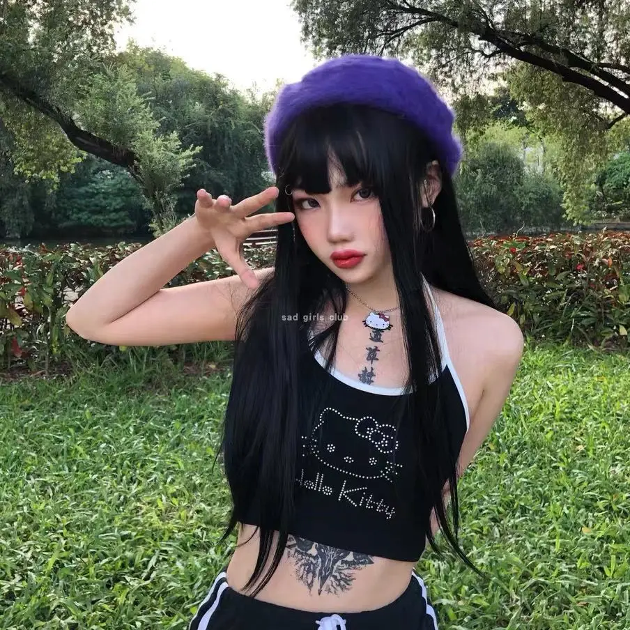 

Super Chic Black Anime Crop Tops Camis Women Sexy Halter 2021 Summer New Japanese Style Kawaii Clothes Hot Female Tank Tops