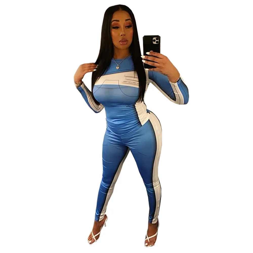 

Blue White Color Blocking Long Sleeve Bandage Top and Skinny Legging Activewear Plus Size Women Two Piece Matching Female Suits