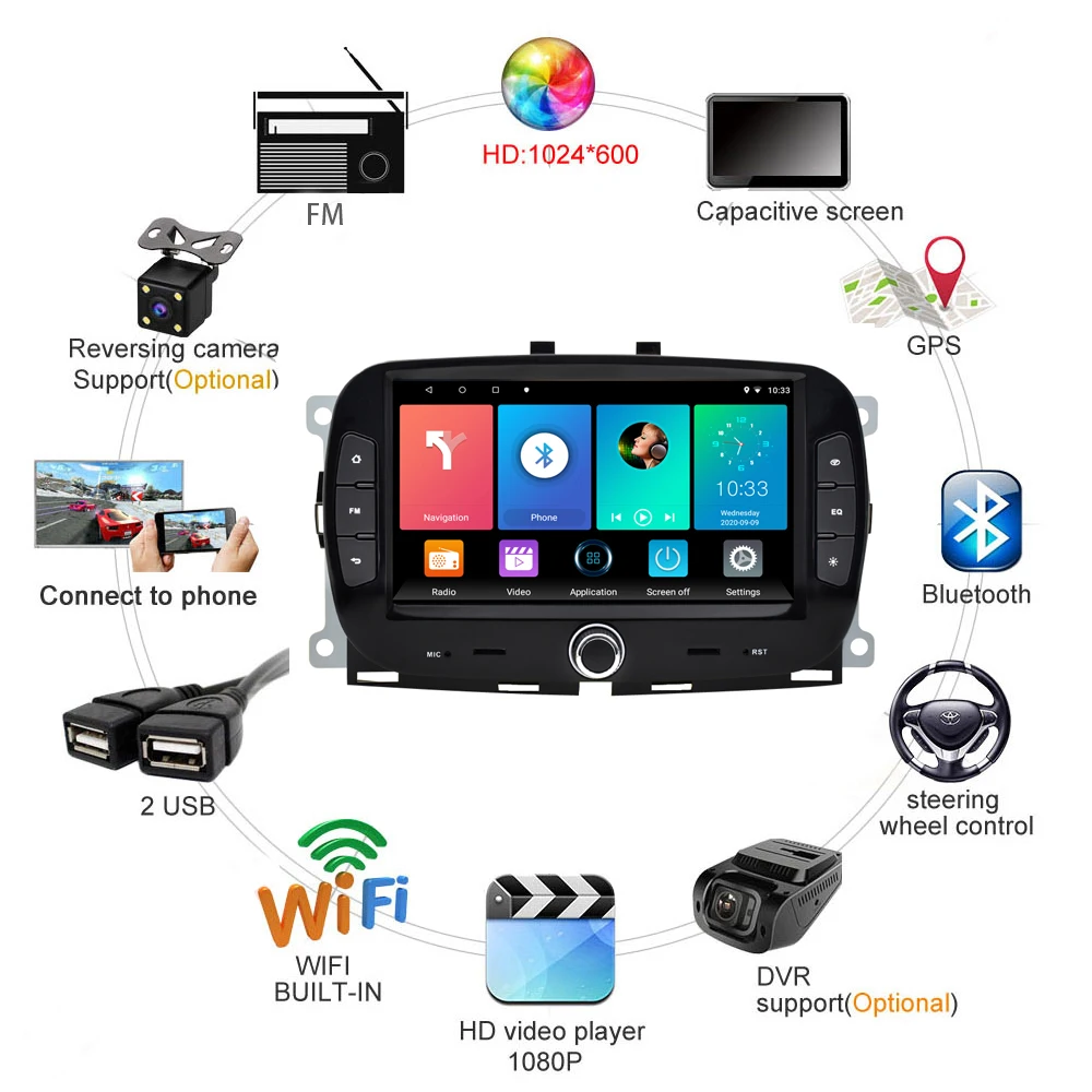 For Fiat 500 2016-2019 7 Inch 2 Din Android Car Multimedia Player WIFI Navigation GPS Auto Stereo Head Unit SWC FM | Автомобили и