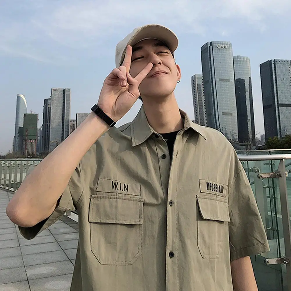 

Shirt Men Short Sleeve Tooling Shirt Turn-Down Collar Summer Men Loose Casual Top Workwear