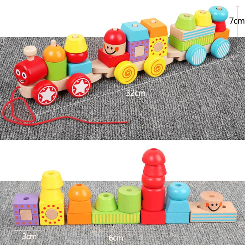 Детский Деревянный конструктор цветной маленький поезд для раннего развития