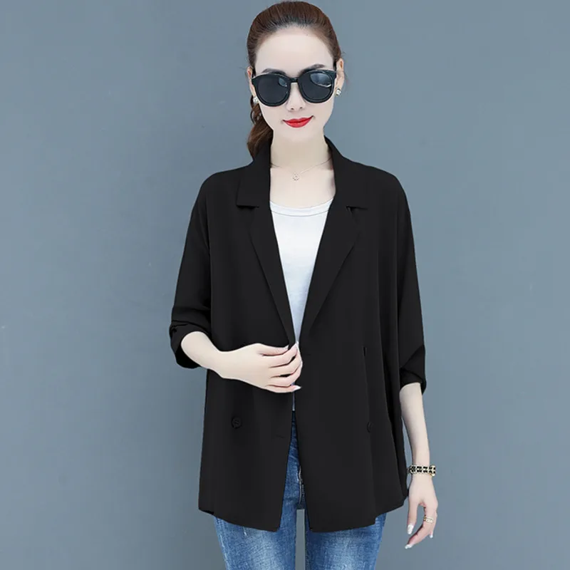 

#5270 Blue Green Black White Chiffon Sunscreen Blazer Women Half Sleeved Loose Casual Coats Female Thin Double Breasted Blazer