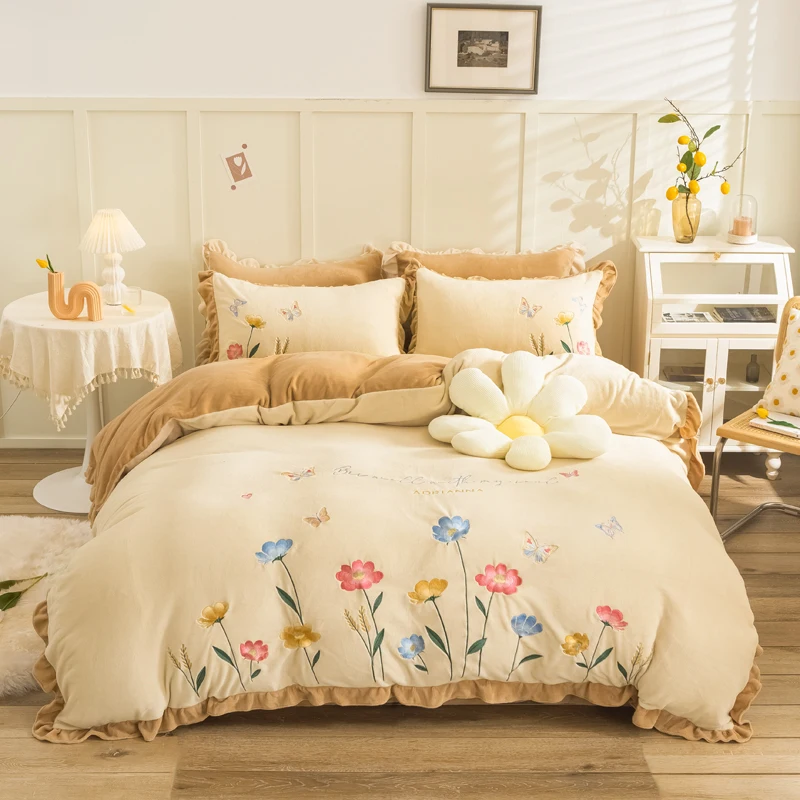 

winter warmth thickened soft milk velvet embroidery Bedding Set Duvet Cover Bed Linen Fitted Sheet Pillowcases Home textiles
