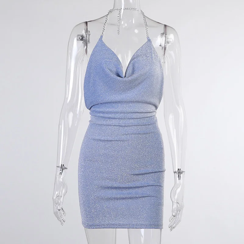 

JIAK Blue Backless Bodycon Summer Dress Sleeveless Halter Metal Chain Women Dresses Sexy Beachwear Fashion Vestidos Undefined