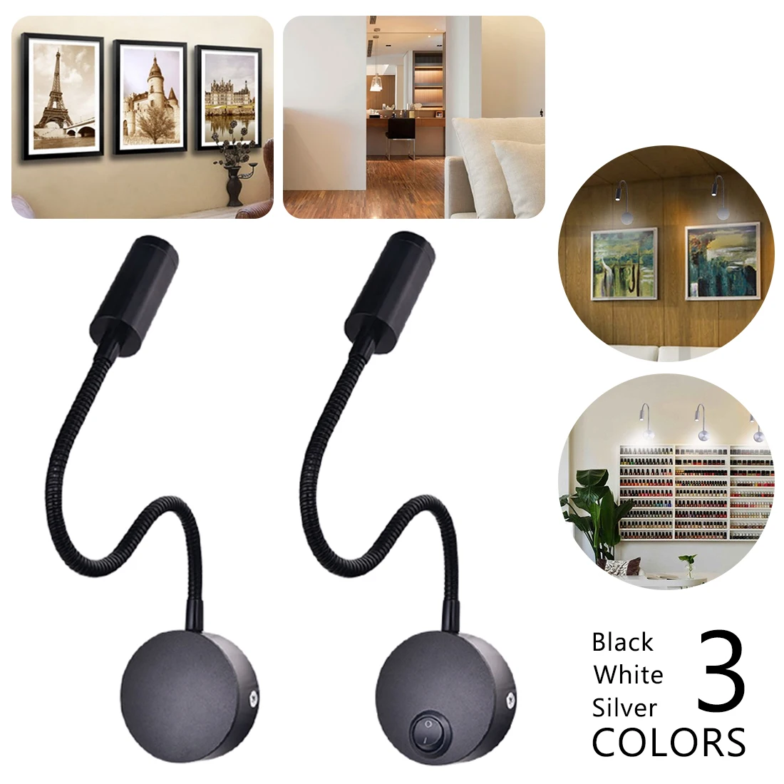 

3W Wall Lmap Sconces Clamp Light Bedroom Lamp on/off Switch Flexible Gooseneck Home Bedside Reading Lights White Silver Black