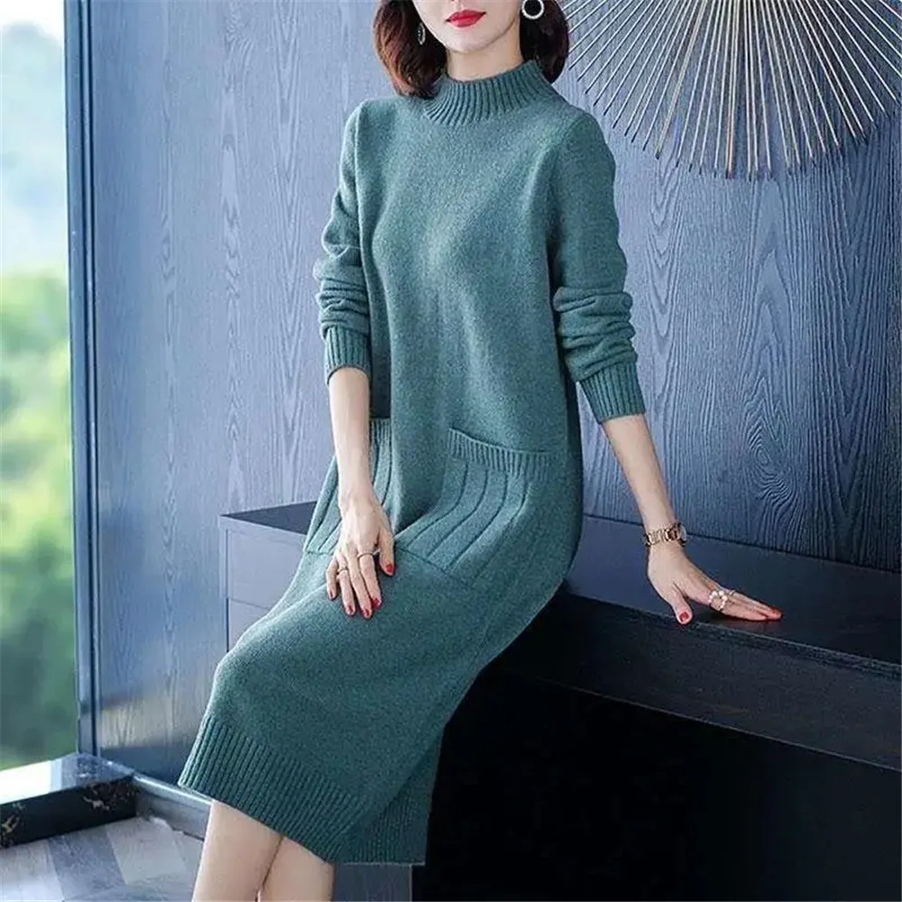 

Autumn And Winter Women'S Sweater Dress Mock Neck 2021 Fashion Knitting Inside Dresses Casual Pullover High Quality