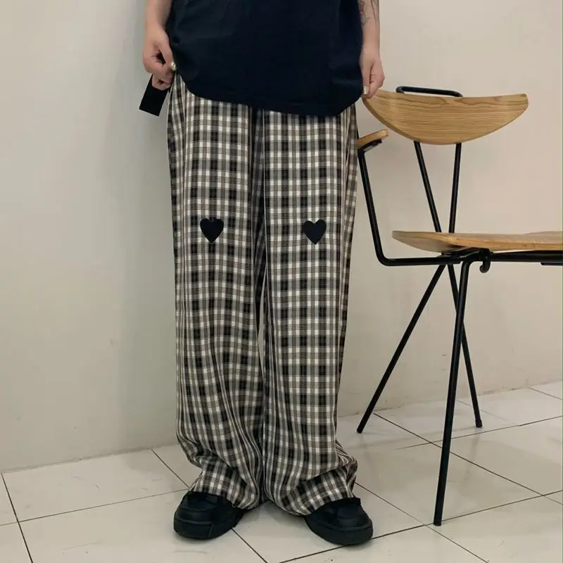 

Love embroidery spring and summer new Korean high waist drop feeling loose and versatile student wide leg pants Plaid casual