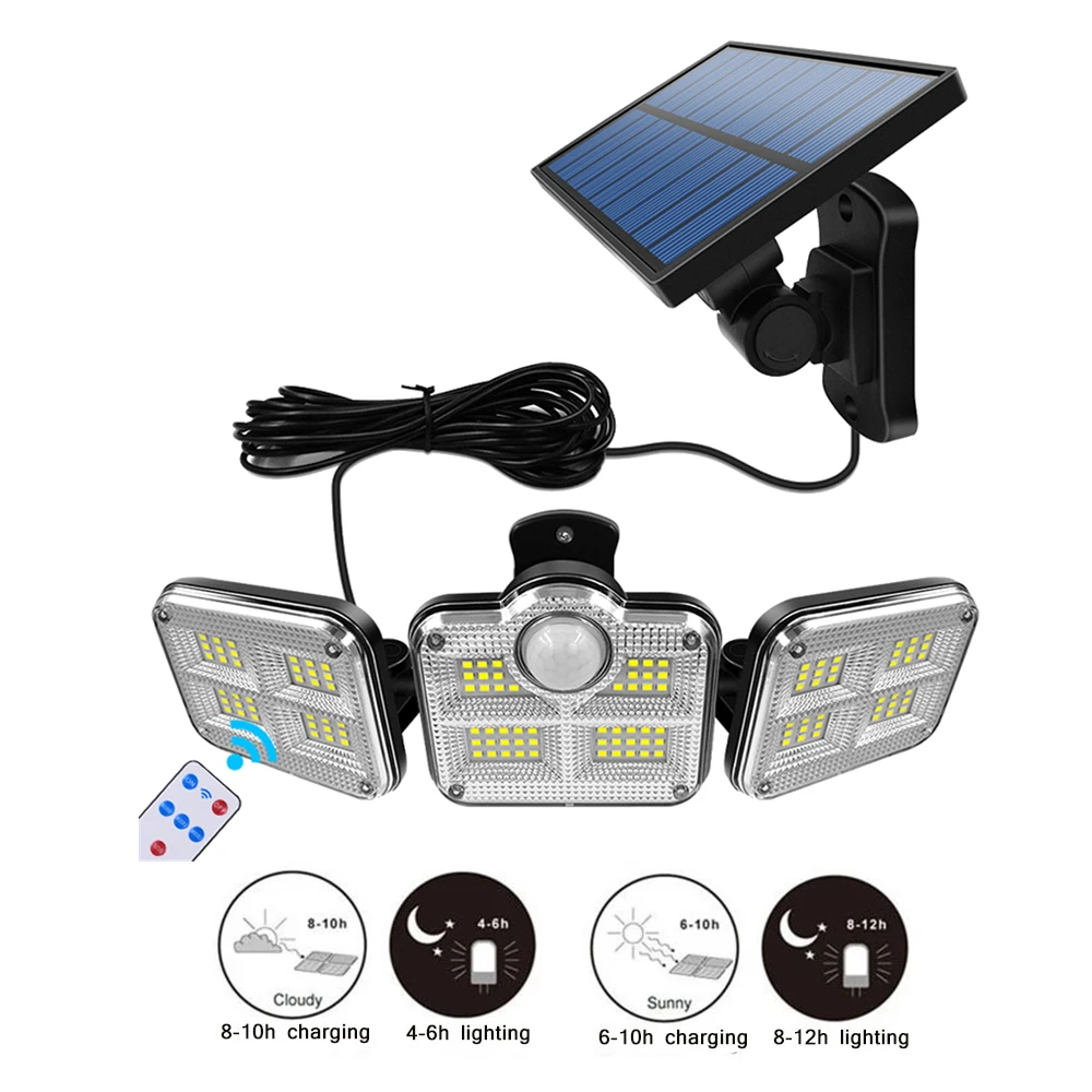 

138 led remote seperable Solar Light 3 Heads Waterproof Outdoor Solar Lamp PIR Motion Sensor Wall Light Garden Yard Street Light