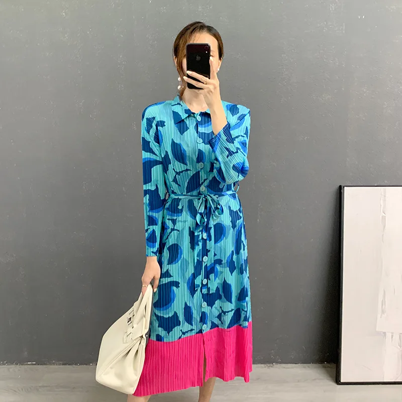 

miyake pleated woman's printed dress 2021 autumn new style Chinese style folda thin three-quarter sleeve bottoming long skirt