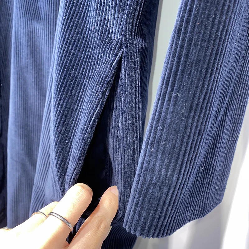 

Women Corduroy Knee-length Dress Long Sleeve Zipper Solid Color O-neck Female Dresses