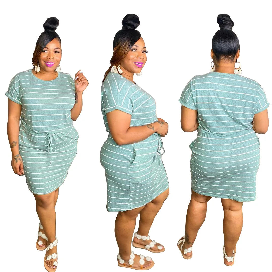 

Casual Striped Printing Plus Size Dresses 2021 Summer New Arrivals O-neck Short Sleeve High Waist Lace-up Knee-length Dress