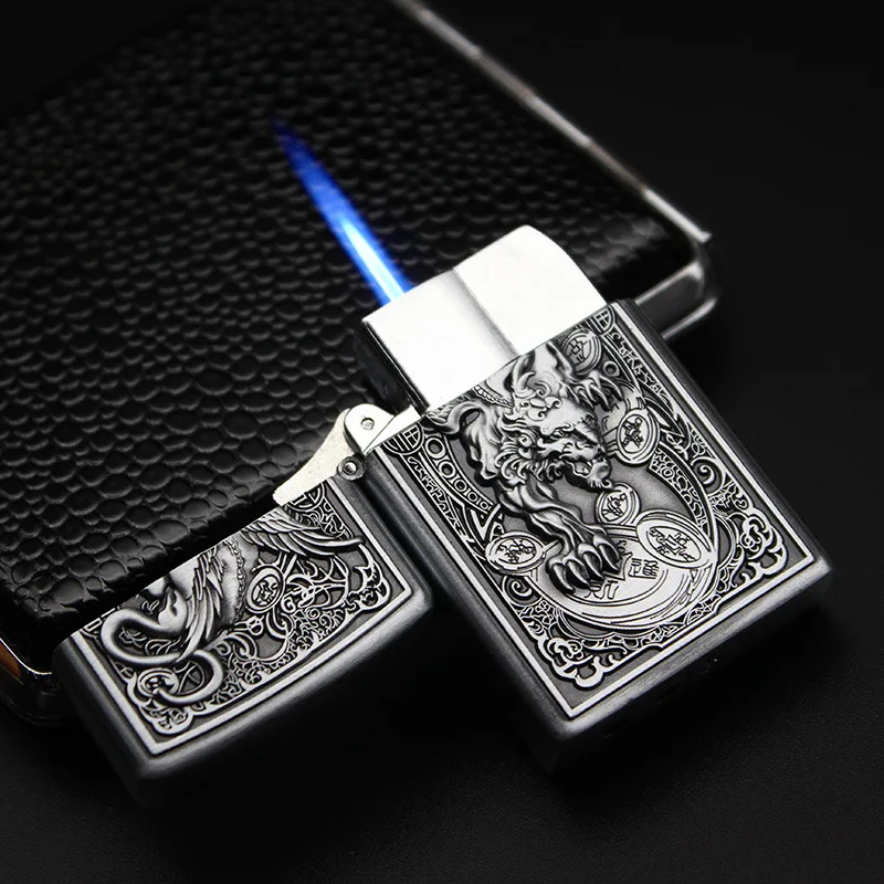 Butane Gas Lighter Retro Windproof Lighter Straight Inflatable Adjustable Flame Lighter Cigarette Smoking Accessories for Man
