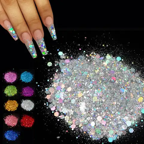 Holographic mixed hexagonal sparkles for manicure, 50 g