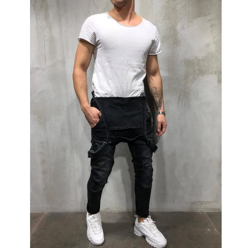 Стильный мужской комбинезон рваные штаны байкерские черные брюки повседневные