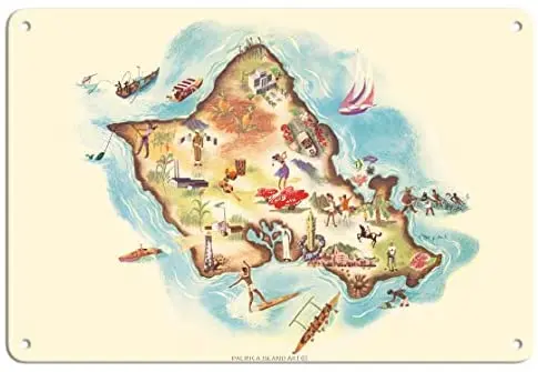 Карта Оаху, Гаваи-иллюстрированная живописная карта c. Металлический жестяной знак