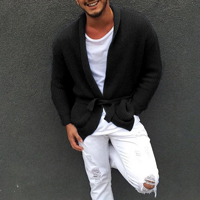 Мужской вязаный кардиган с длинным рукавом повседневное зеленое пальто средней