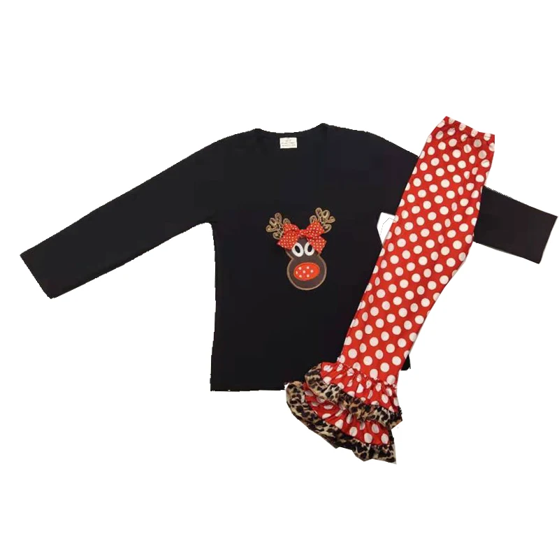 

kids girl Christmas deer embroidered dot ruffle pants set children holiday outfits girl clothing set