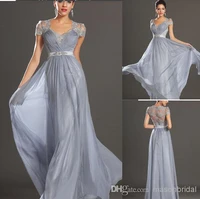 2020 silver grey ruched womens wear prom formal gowns with scoop short cap sleeve a line chiffon lace mother of the bride dress
