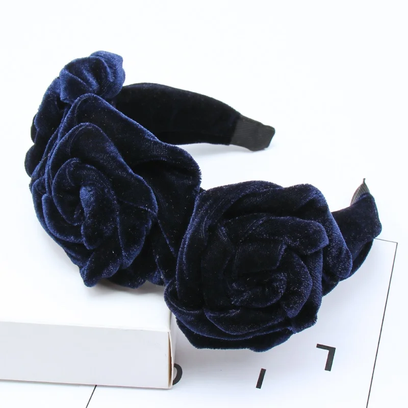 Bule (Velvet) Однотонный Шифоновый Цветок Розы ободки для женщин девушек элегантные повязки для волос невесты женские аксессуары для волос вечерние праздничные волосы обруч - Цвет: Bule (Velvet)