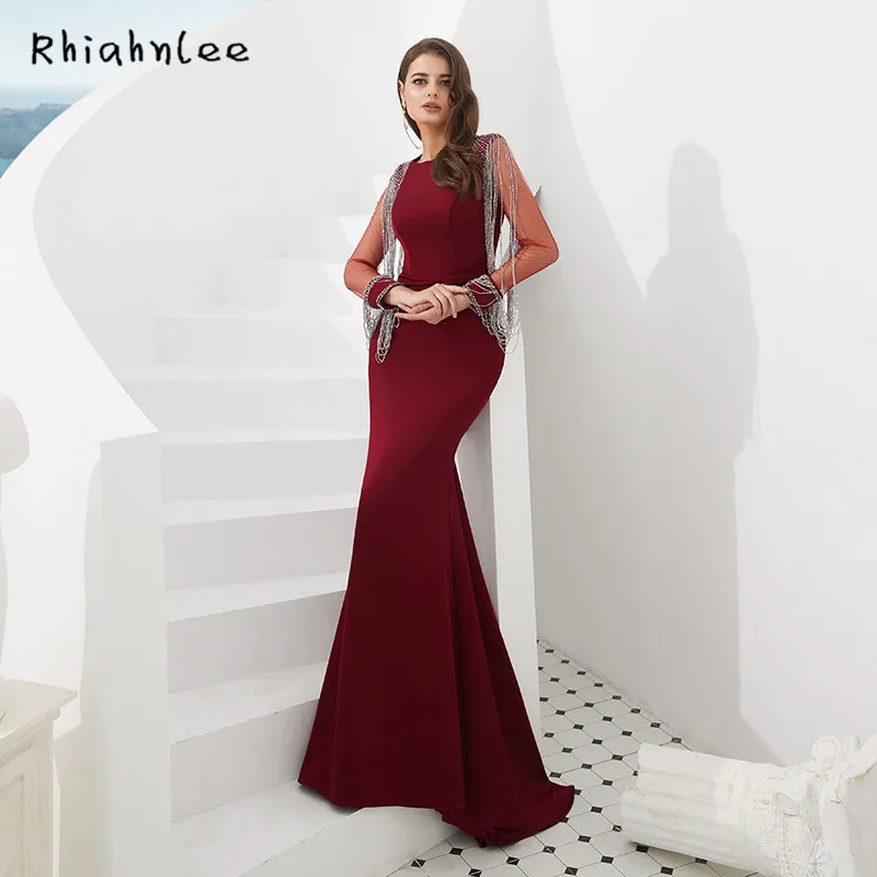 Rhiahnlee бордовые вечерние платья с длинным рукавом Дубай robe de soiree Sweep Train Русалка