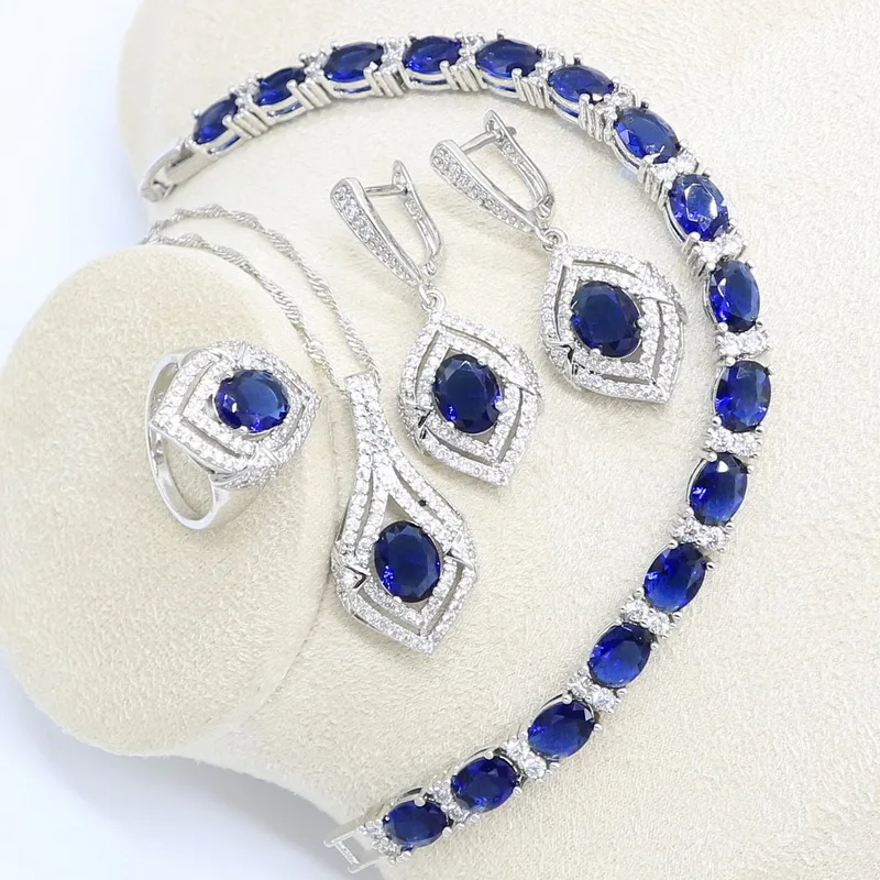 Серебряный цвет Искусственный Свадебный синий камень с браслетом серьгами
