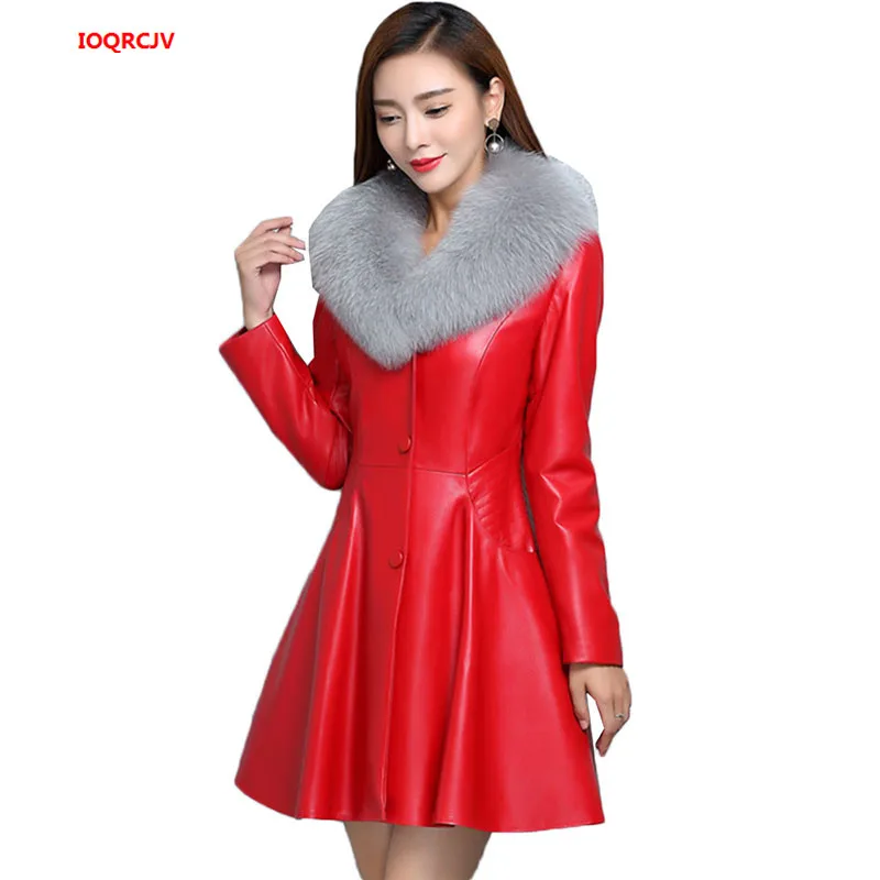 

Leather Imitation Fox Fur Collar Female Long Section Leather Jacket Slim Plus Cotton Fashion Pu Leather Winter Winter Coat W1416