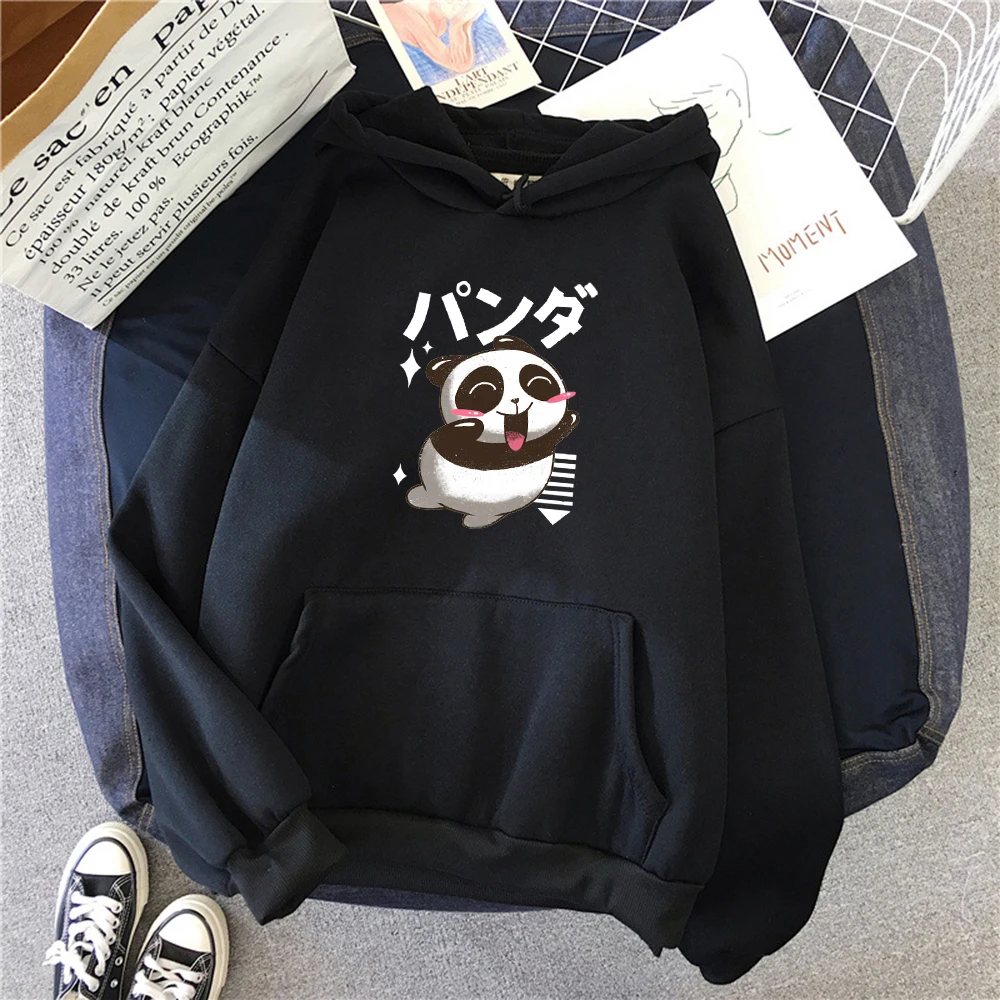

New Loose Vintage Sportwear Kawaii Panda Japanese Letters Print Male Hooded Coldproof Men Sweatshirt Oversize Loose Hoodie