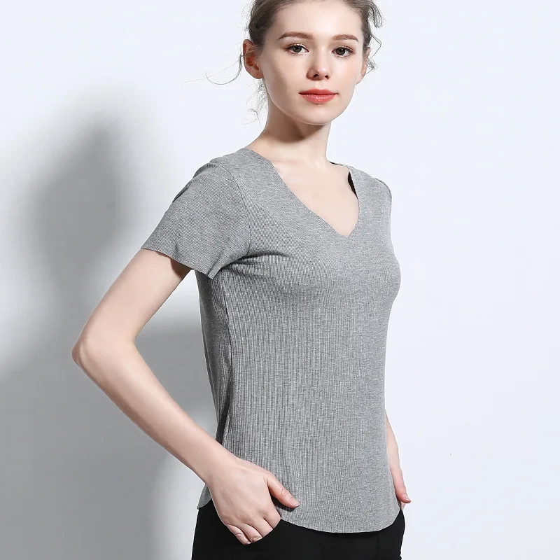 

Женская хлопковая Однотонная футболка с V-образным вырезом и коротким рукавом