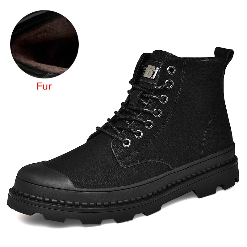 Fur Black DEKABR/мужские ботинки из натуральной кожи; повседневные Нескользящие ботильоны из натуральной кожи в британском стиле; модная мужская теплая зимняя обувь - Цвет: Fur Black