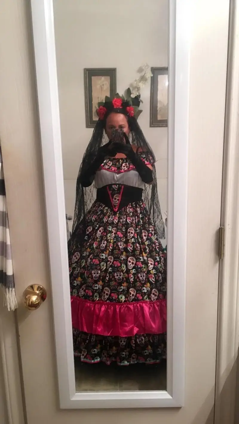 День мертвых платье цветок розы череп Хэллоуин испанский тело костюм страшно