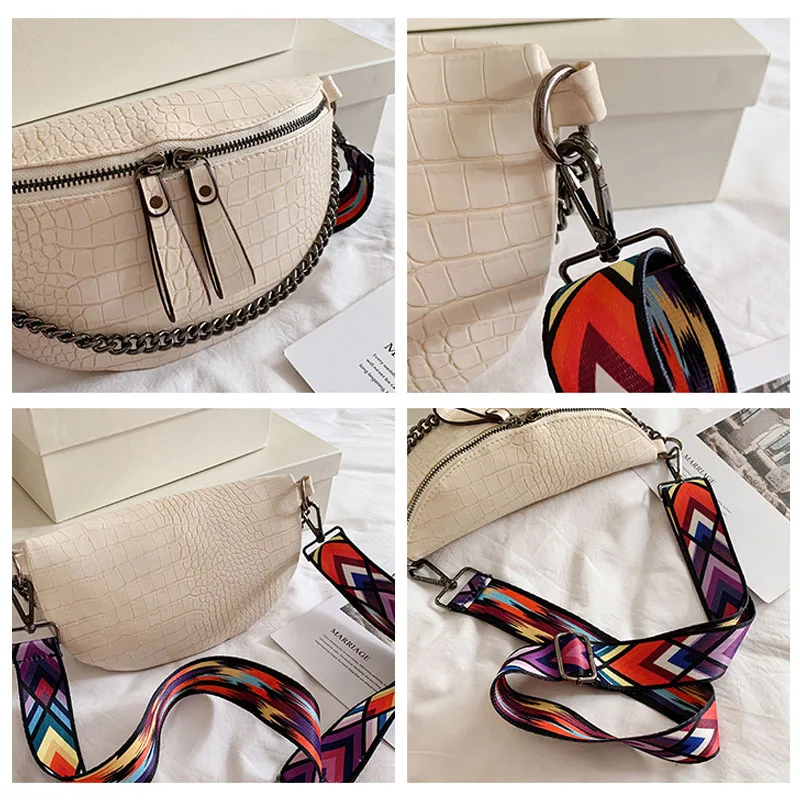 

Women Waist Bag Chain Chest Bags Female Wide Shoulder Strap Crossbody Bag Stone Pattern Hip Pack Lady Brand Designer Phone Pack