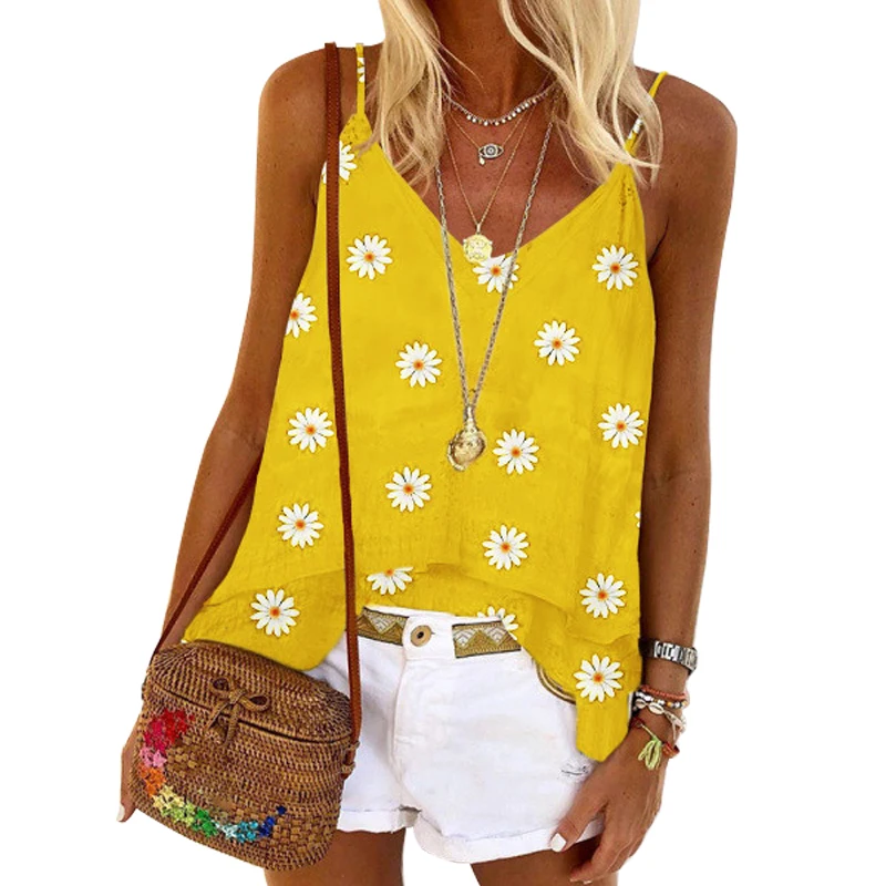 Small Daisy Print V Neck Sleeveless Sling Vest T Shirt Women Casual Holiday Beach Streetwear Plus Size Tees Ladies Blouse