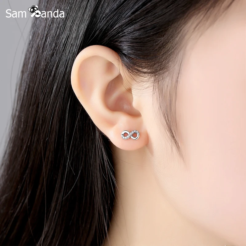 Original 925 Sterling Silver Stud Earrings Crystal Infinite Love Earings For Women Fine Jewelry Luxury Valentine's Day Gifts | Украшения