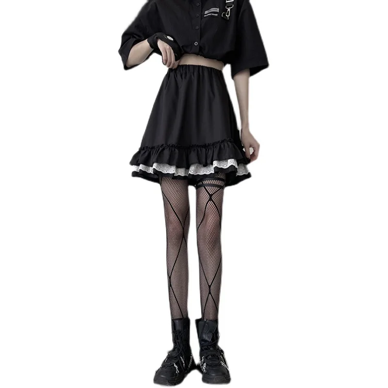 

Dark Black Japanese Harajuku Lace Patchwork Mini Skirts A-line Pleated Skirt High Waist Gothic Punk Summer Skirt for Women