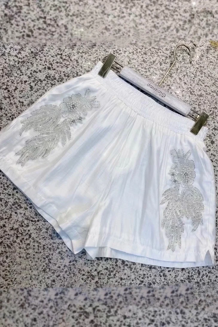 

High Waist Slimming Wide Leg Pants for Women Summer 2021 Beads Dropshipping Straight Casual Shorts Female Casual Biker Shorts