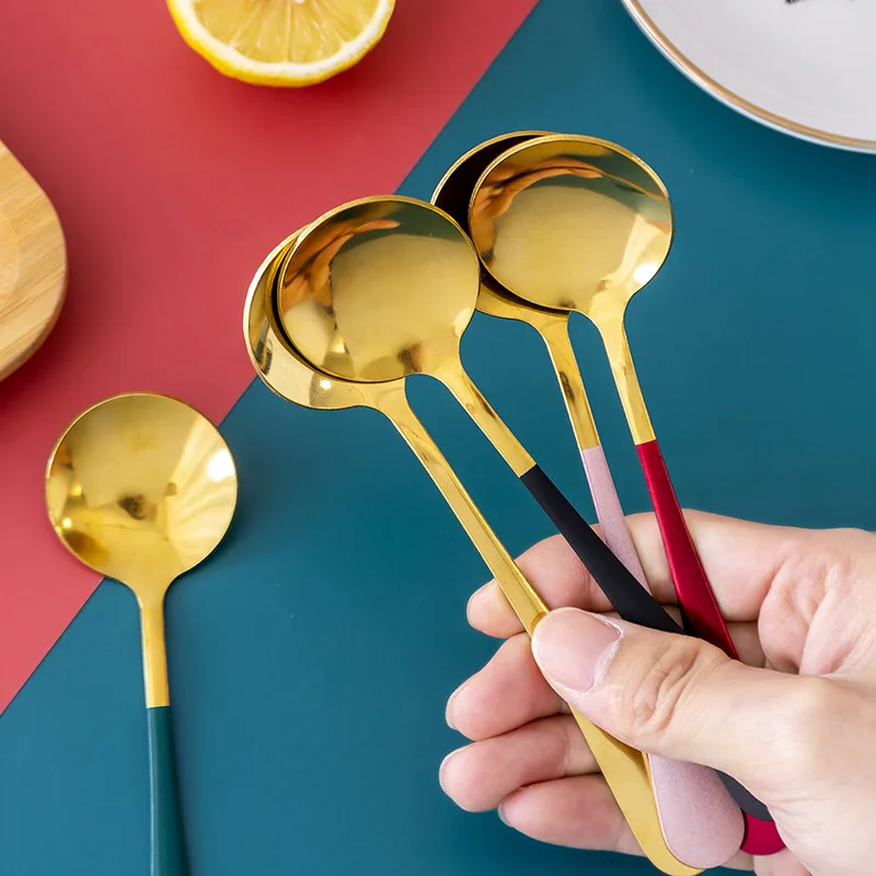 

Newest PCS Golden Round Spoon Household Thickened Stainless Steel Spoon Creative Long Handle Dessert Serving Spoon Support 1PCS