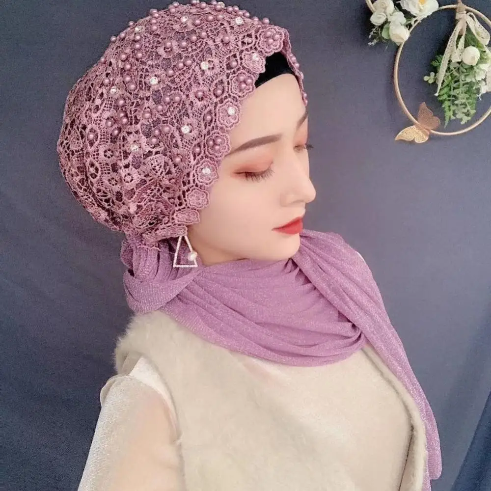 

2021 Summer New Ladies Fashion Middle East Dubai Malay Hijab Muslim Women Girls Lace Hijab Instant Cap