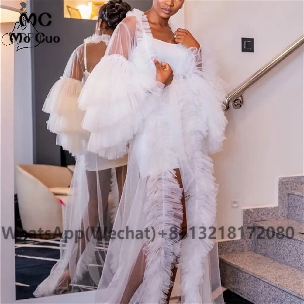 

Sexy White Robe Kimonos Long Maternity Prom Dress for Photo Shoot Robes Tulle Ruffled See Thru Puffy Nightwear Prom Gowns