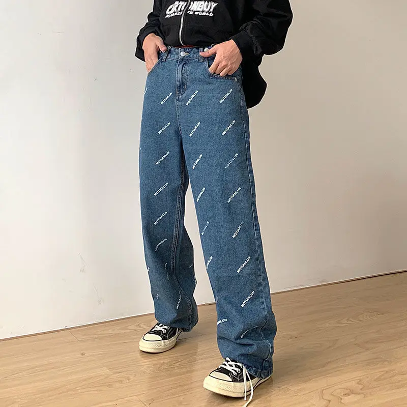 

High Street Letter Printing Baggy Jeans Men 2021 Women Straight Wide Leg Pants Couple Lover Hip Hop Low Rise Jeans Trousers Chic