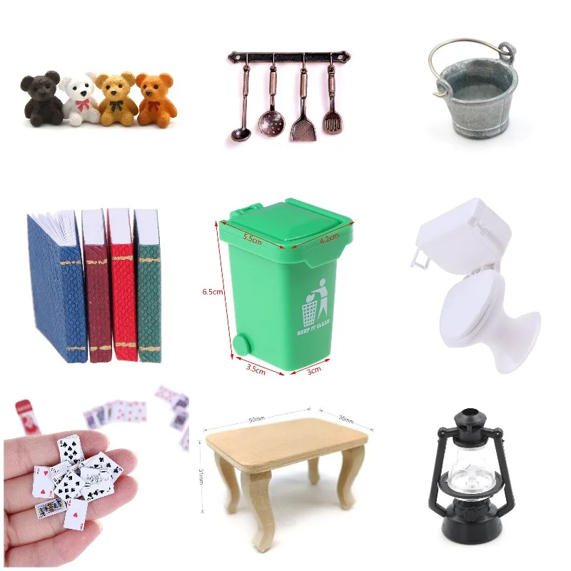 Cute Bear Toilet Bin Book Lamp Mirror Small Wooden Table Doll Toys Decoration Cute Miniature Dollhouse Accessories